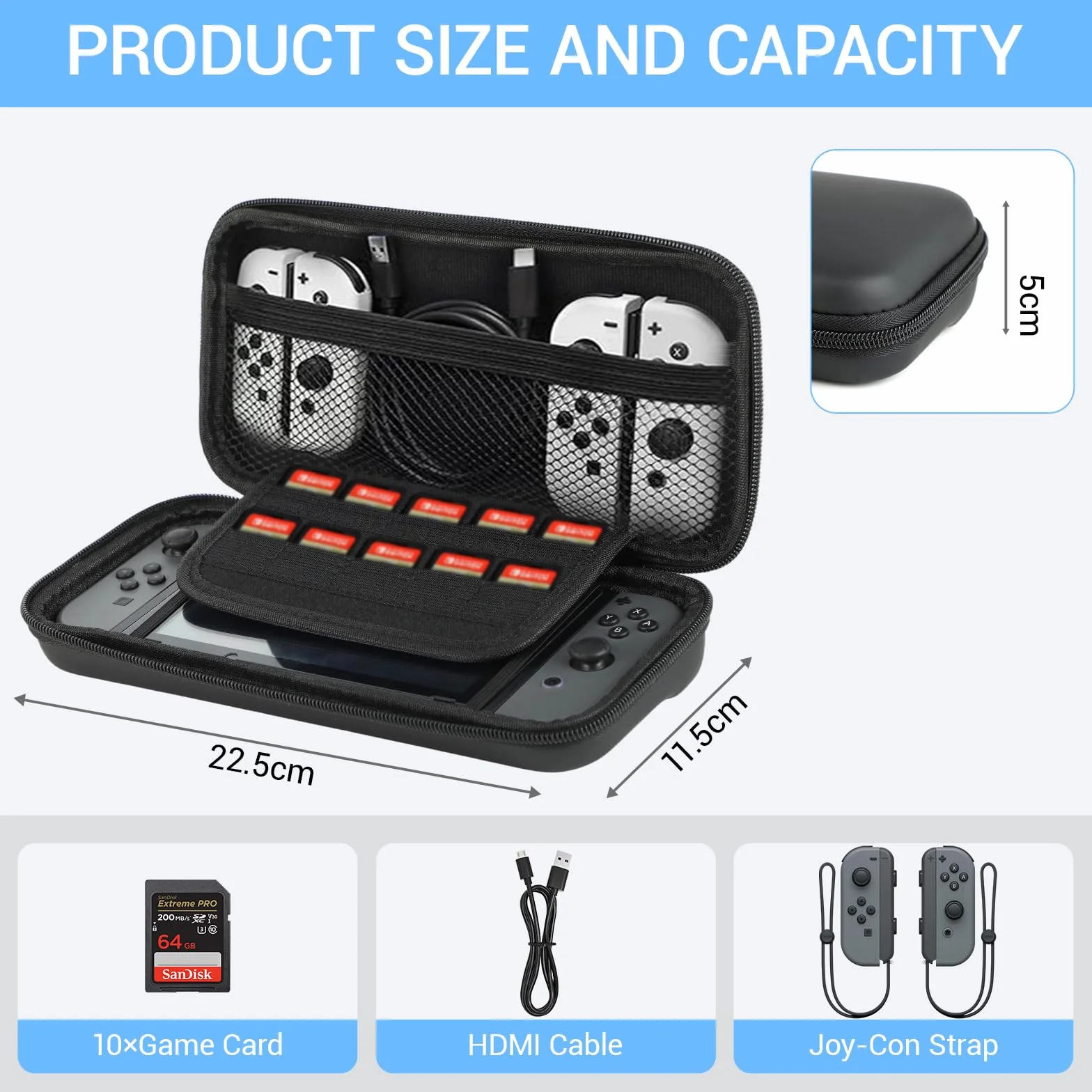 Etui na Switch - Kompatybilne z Nintendo Switch/Nintendo Switch OLED - Twarda Walizka Transportowa - Z 10 Przegródkami na Karty Gry i Dodatkową Kieszenią na Akcesoria