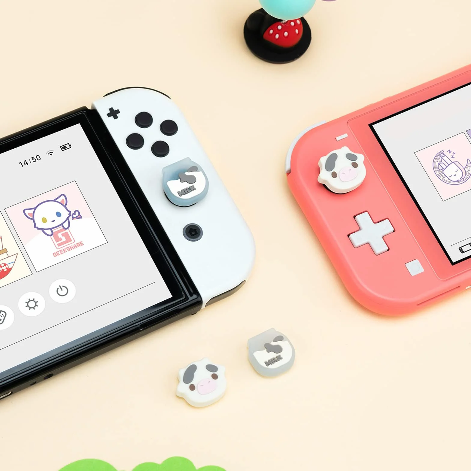 GeekShare Śliczne silikonowe nakładki na kciuki joystick, osłona joysticka kompatybilna z Switch/OLED/Switch Lite, 4 sztuki - Dairy Cow