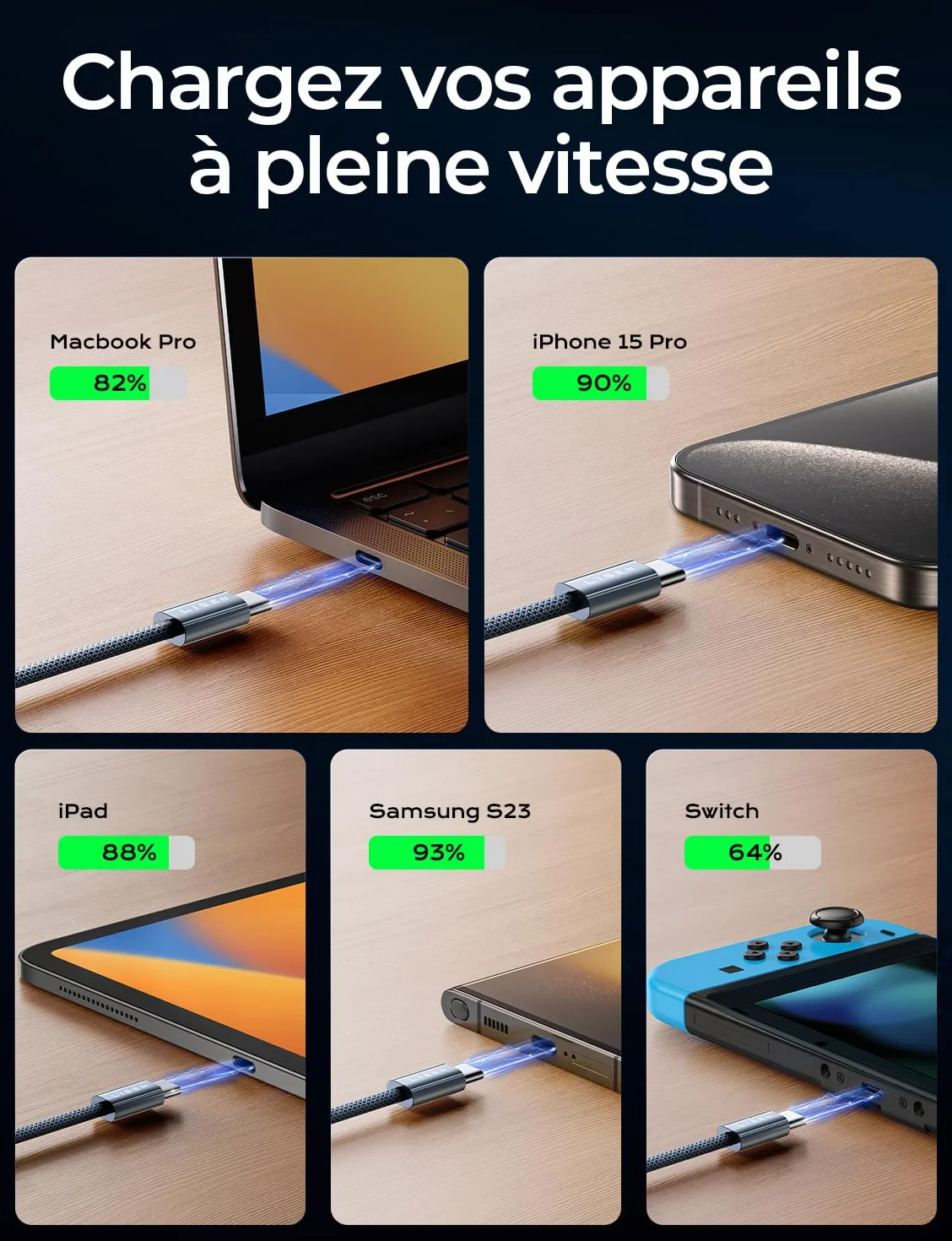 LISEN 240W 2M USB C na USB C Kabel USB-C Nylonowy Kabel do szybkiego ładowania iPhone 16 Pro Max 15/MacBooka/iPada/Samsung Galaxy S25 Ultra S24/S23, Szary