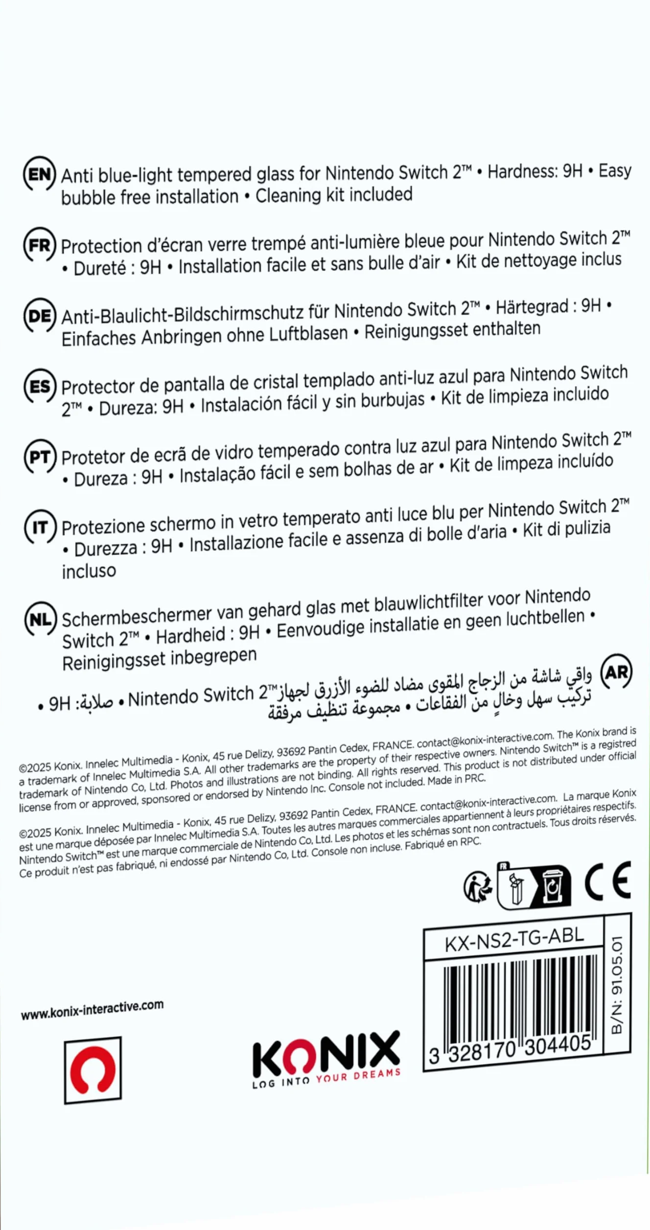 Konix Ochraniacz ekranu ze szkła hartowanego do Nintendo Switch 2 - filtr niebieskiego światła - bez pęcherzyków - twardość 9 h - 100% przezroczysty