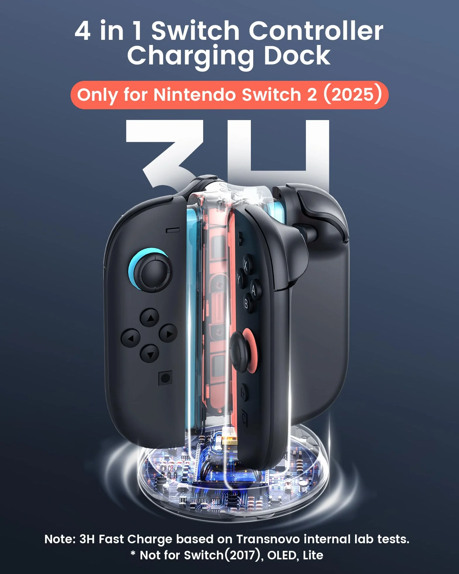 TRANSNOVO Stacja ładująca kompatybilna z Nintendo Switch 2, 4-gniazdowa magnetyczna szybka ładowarka do przełącznika 2 kontrolerów Joycon, bezkierunkowe wkładanie, 9 trybów RGB LED, kabel USB-C w