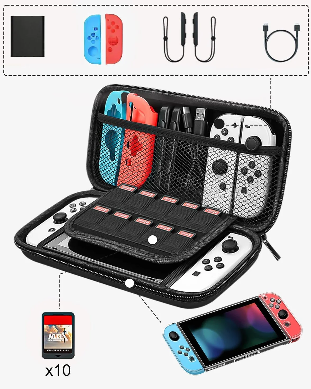 Etui kompatybilne z Nintendo Switch konsolą , Switch OLED, twarde etui na Switch, torba ochronna na konsolę Switch, 10 gier i inne akcesoria - czarne