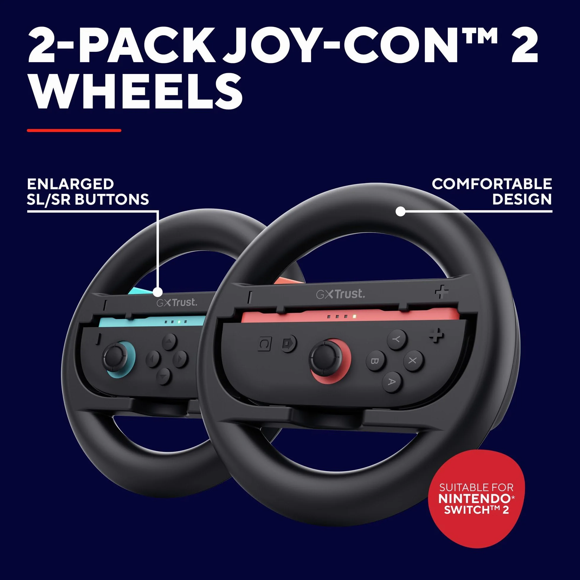 GXTrust Joy-Con Kierownica do Nintendo Switch 2, 2-pak kół wyścigowych, akcesoria do przełączników 2 kontroler do gier wyścigowych Mario Kart World Wyścigowe, Koło wyścigowe, 2 sztuki, czarny