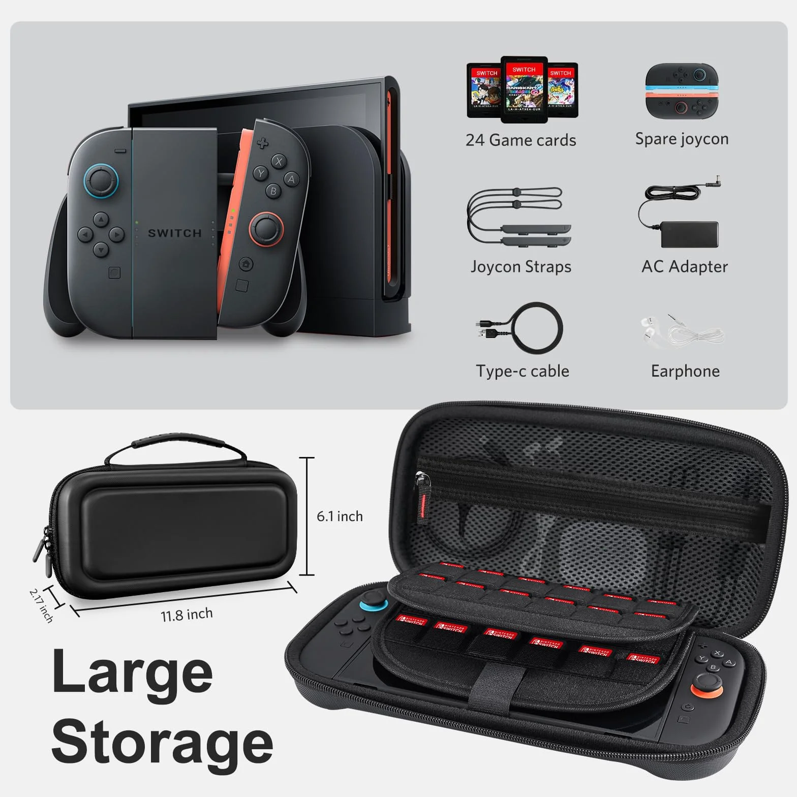 Etui CoBak do Nintendo Switch 2 (2025) | Twarda, podróżna saszetka na zamek błyskawiczny z miejscem na konsolę, akcesoria i 24 karty do gier/microSD | Wersja Gift Box (Czarny)
