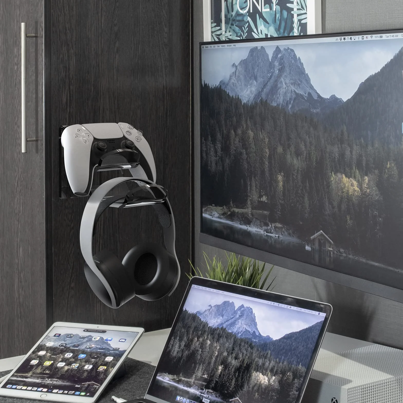 Geekria Uchwyt naścienny na Kontroler, Akrylowy Stojak na Słuchawki i Gamepad, Podwójny Hak Do Przechowywania, Wieszak na Słuchawki na Ścianę PS5/PS4/Xbox, Organizer oszczędzający miejsce