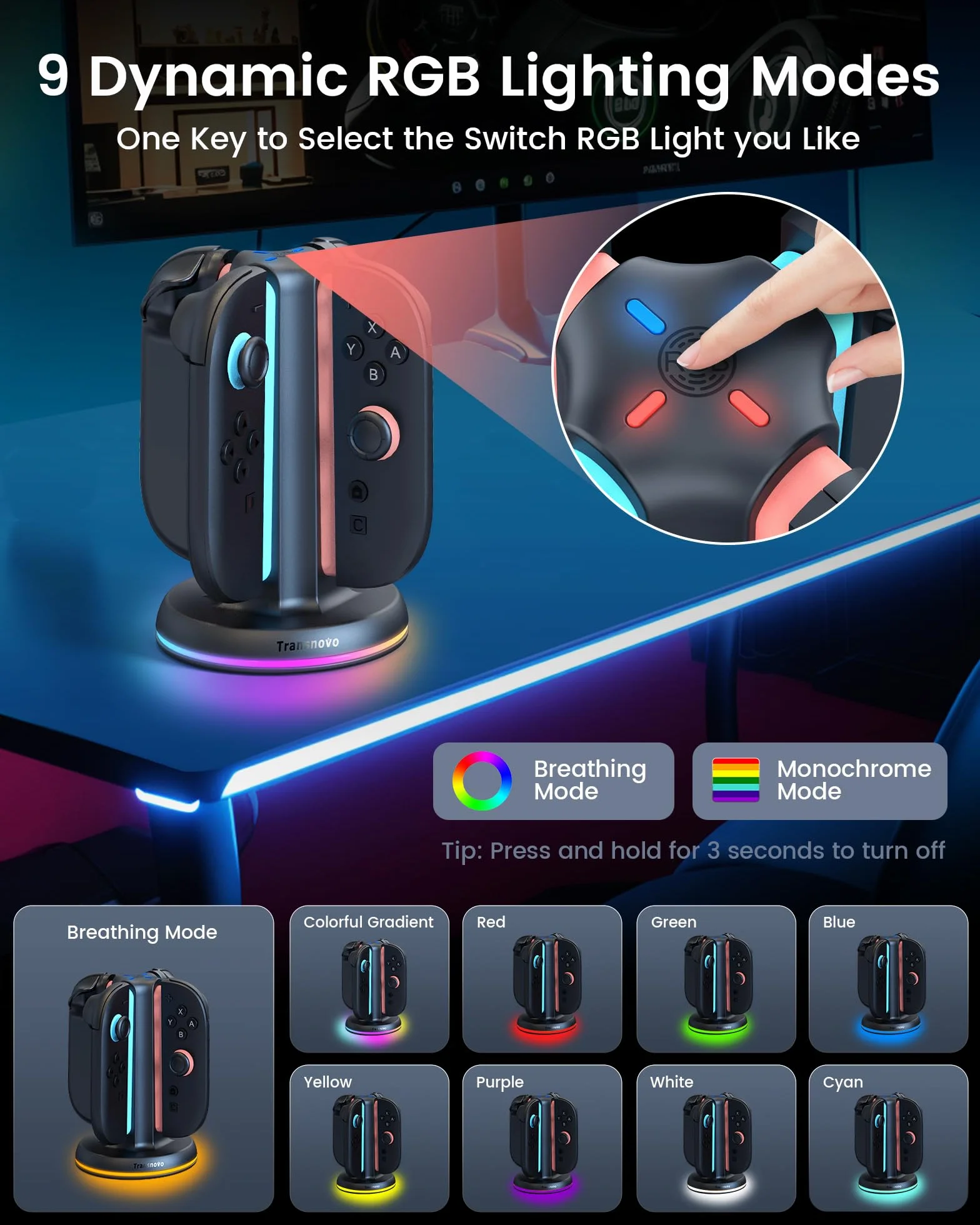 TRANSNOVO Stacja ładująca kompatybilna z Nintendo Switch 2, 4-gniazdowa magnetyczna szybka ładowarka do przełącznika 2 kontrolerów Joycon, bezkierunkowe wkładanie, 9 trybów RGB LED, kabel USB-C w
