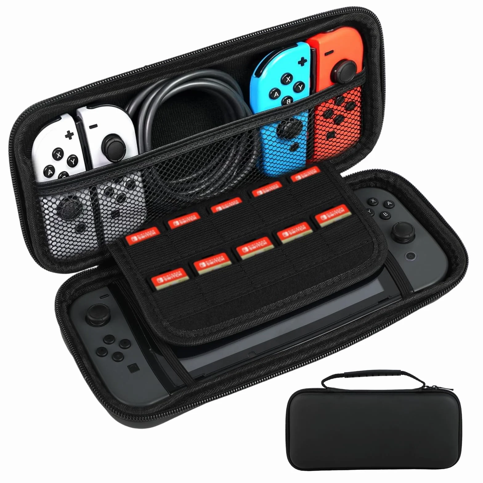 Etui na Switch - Kompatybilne z Nintendo Switch/Nintendo Switch OLED - Twarda Walizka Transportowa - Z 10 Przegródkami na Karty Gry i Dodatkową Kieszenią na Akcesoria